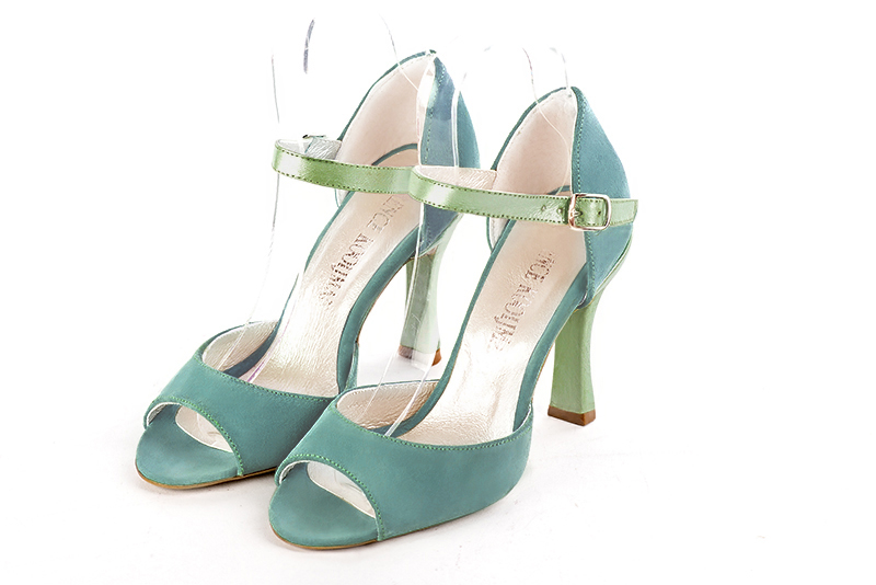 Mint green women's closed back sandals, with an instep strap. Round toe. High spool heels. Front view - Florence KOOIJMAN